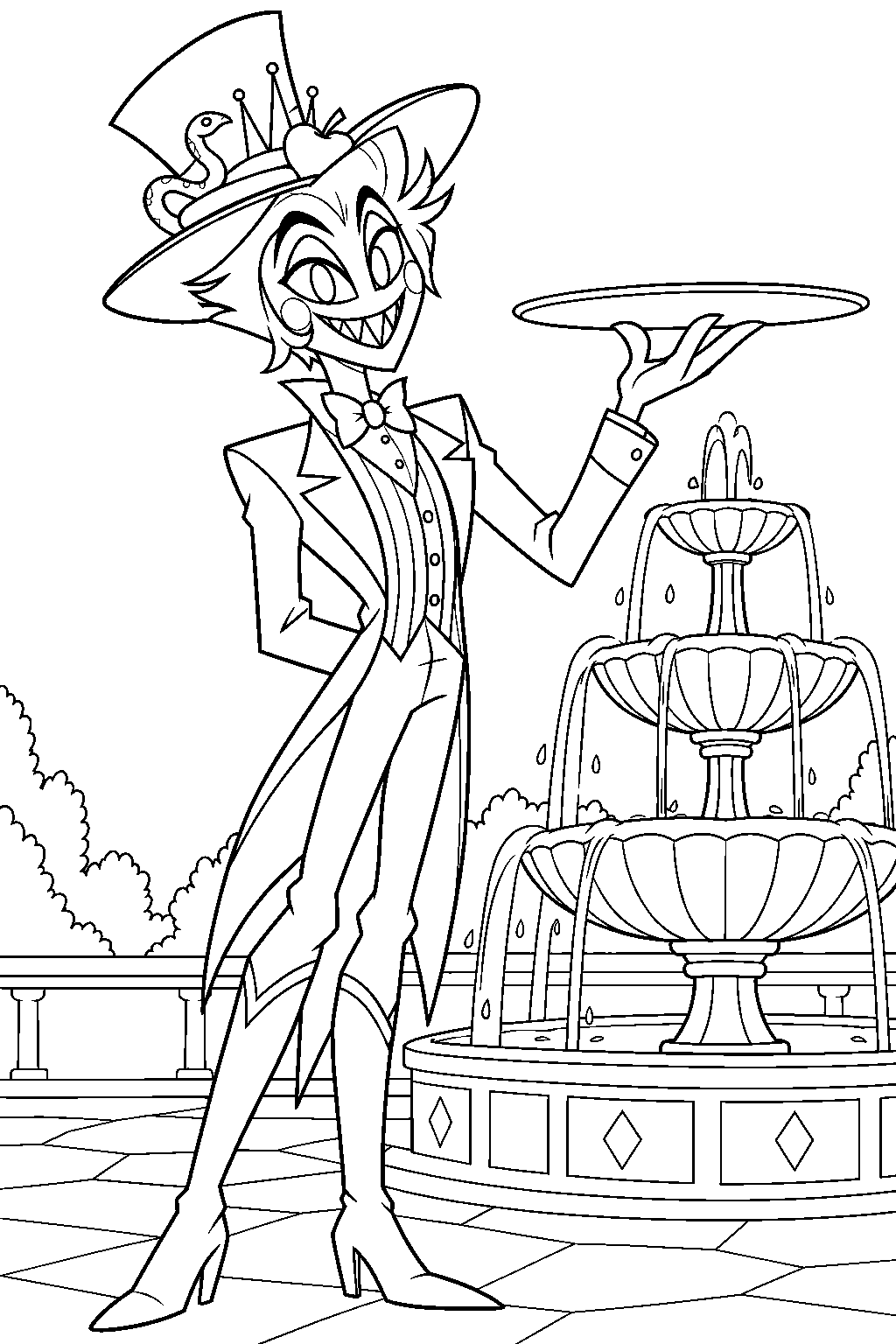 hazbin hotel lucifer morningstar in his waiter outfit carrying a tray beside a tiered fountain line art