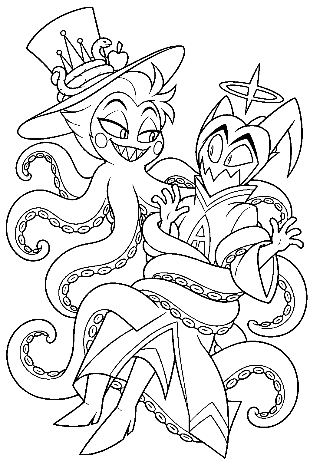 hazbin hotel lucifer morningstar in octopus form trapping adam in his tentacles line art