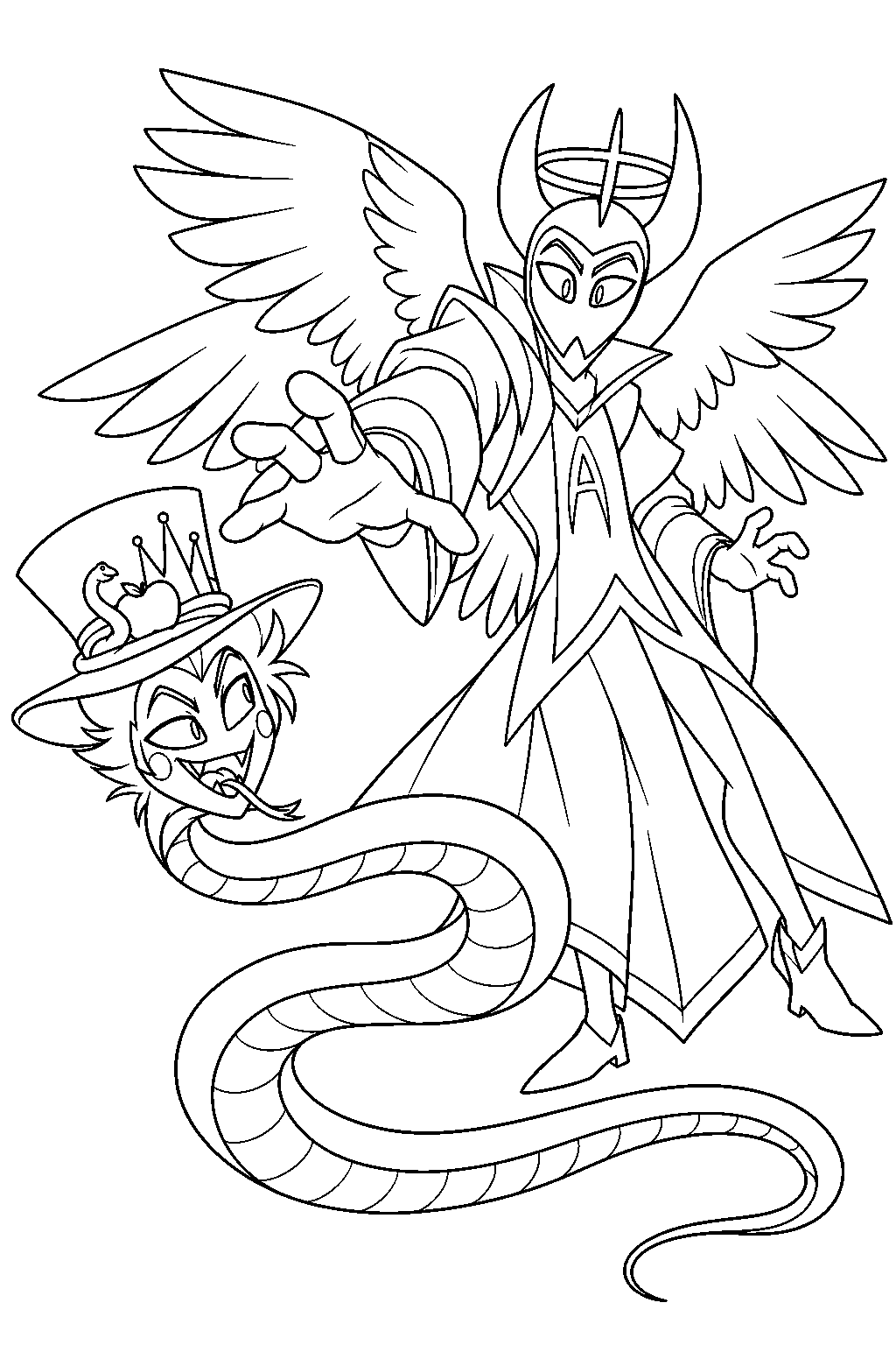 hazbin hotel lucifer morningstar in snake form slipping out of adam s grasp line art