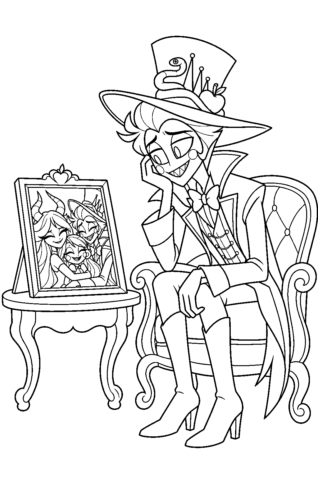 hazbin hotel lucifer morningstar looking at a family photograph of lilith and charlie line art