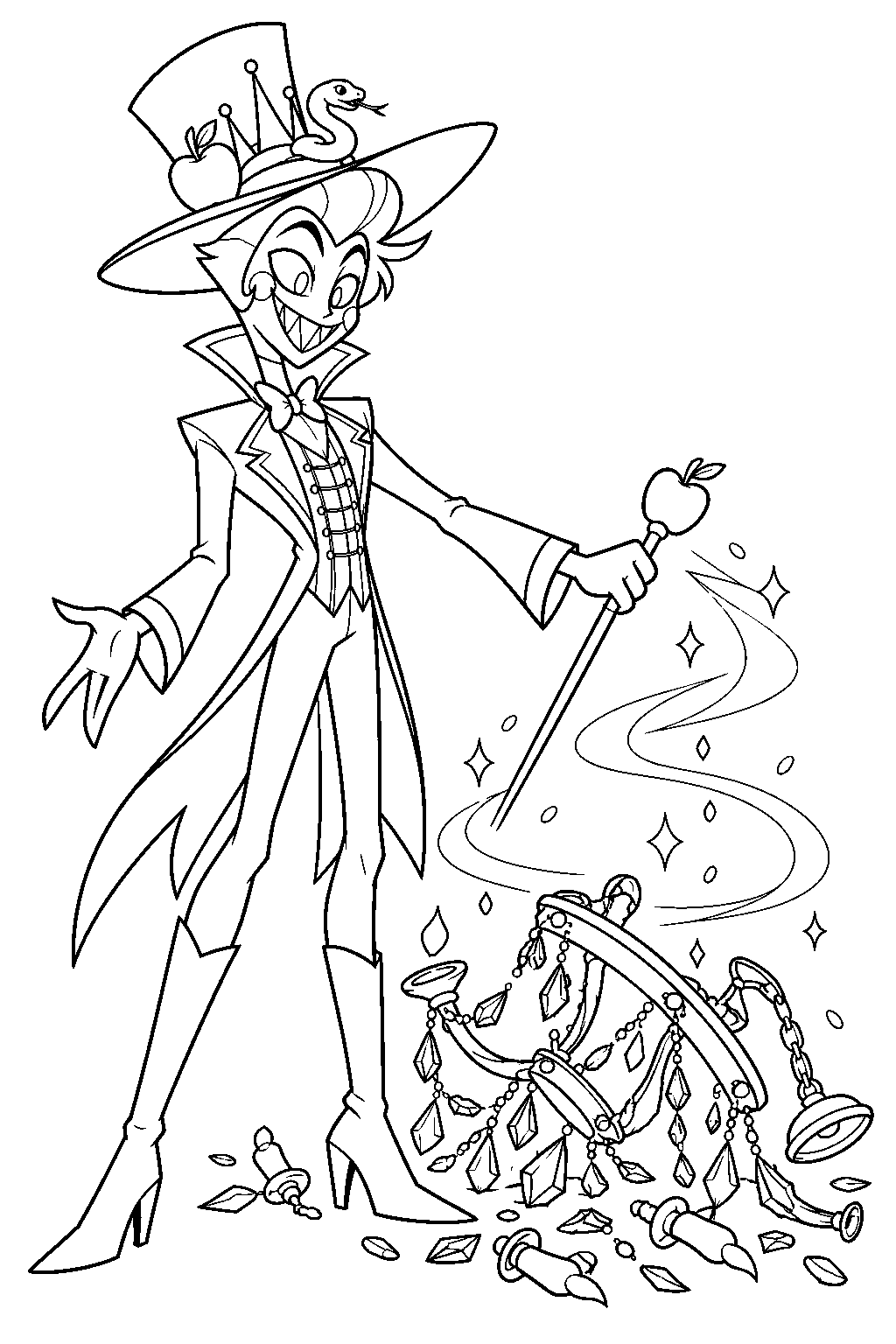 hazbin hotel lucifer morningstar making the fallen chandelier disappear with his cane line art