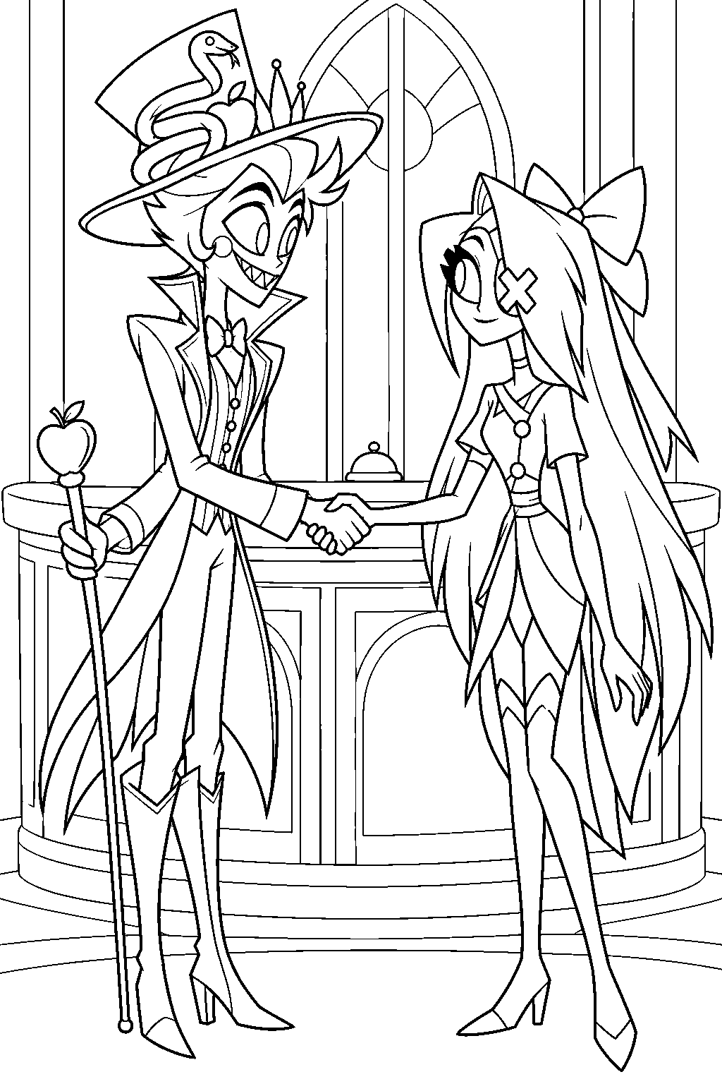 hazbin hotel lucifer morningstar meeting vaggie beside the hotel reception desk line art