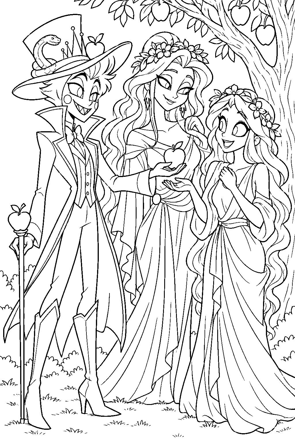hazbin hotel lucifer morningstar offering eve an apple beside lilith in the garden of eden line art