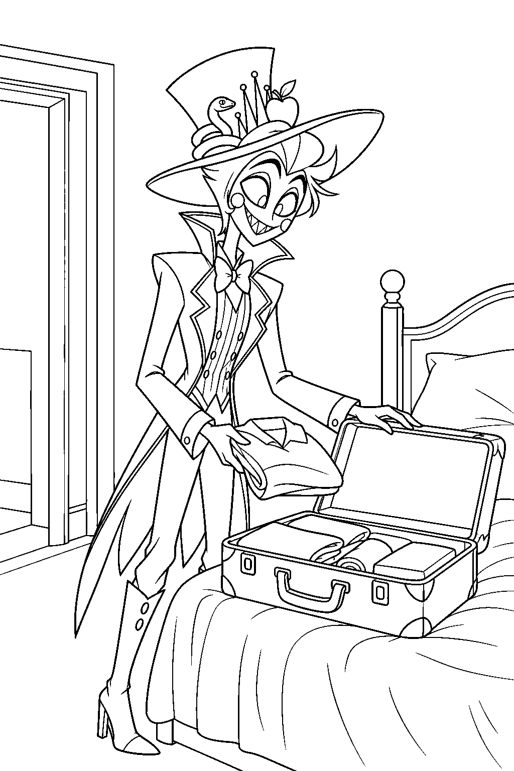 hazbin hotel lucifer morningstar packing his suitcase before leaving the hotel line art