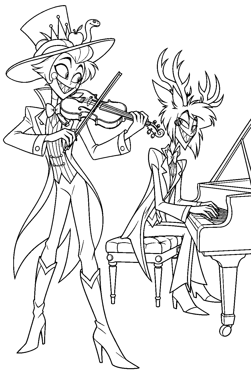 hazbin hotel lucifer morningstar playing his fiddle while alastor plays the grand piano line art
