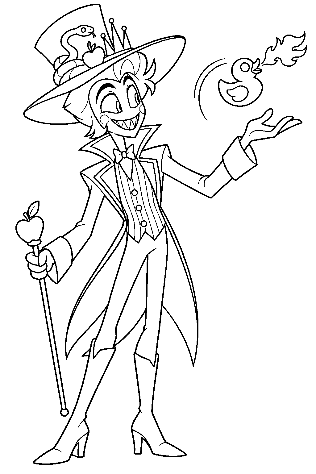 hazbin hotel lucifer morningstar presenting his back flipping fire breathing rubber duck line art
