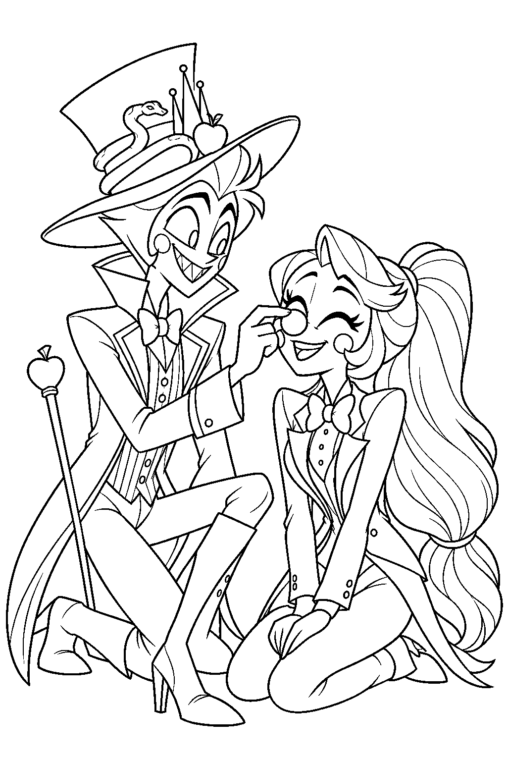 hazbin hotel lucifer morningstar putting a clown nose on charlie to cheer her up line art