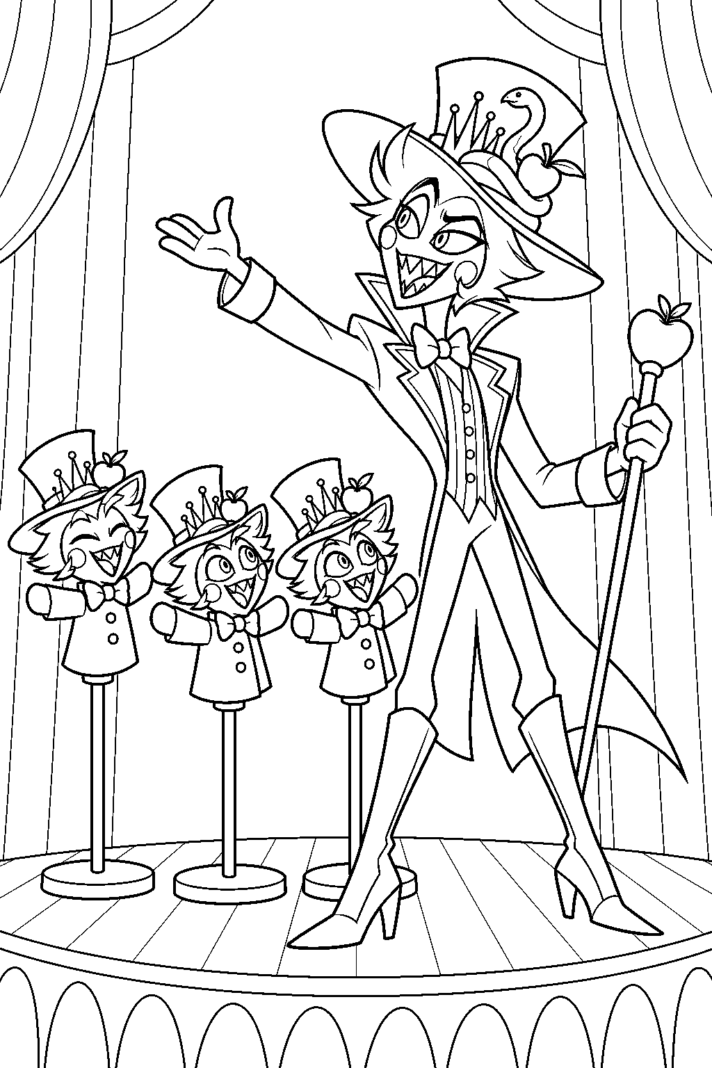 hazbin hotel lucifer morningstar singing hell s greatest dad beside his puppet lookalikes line art