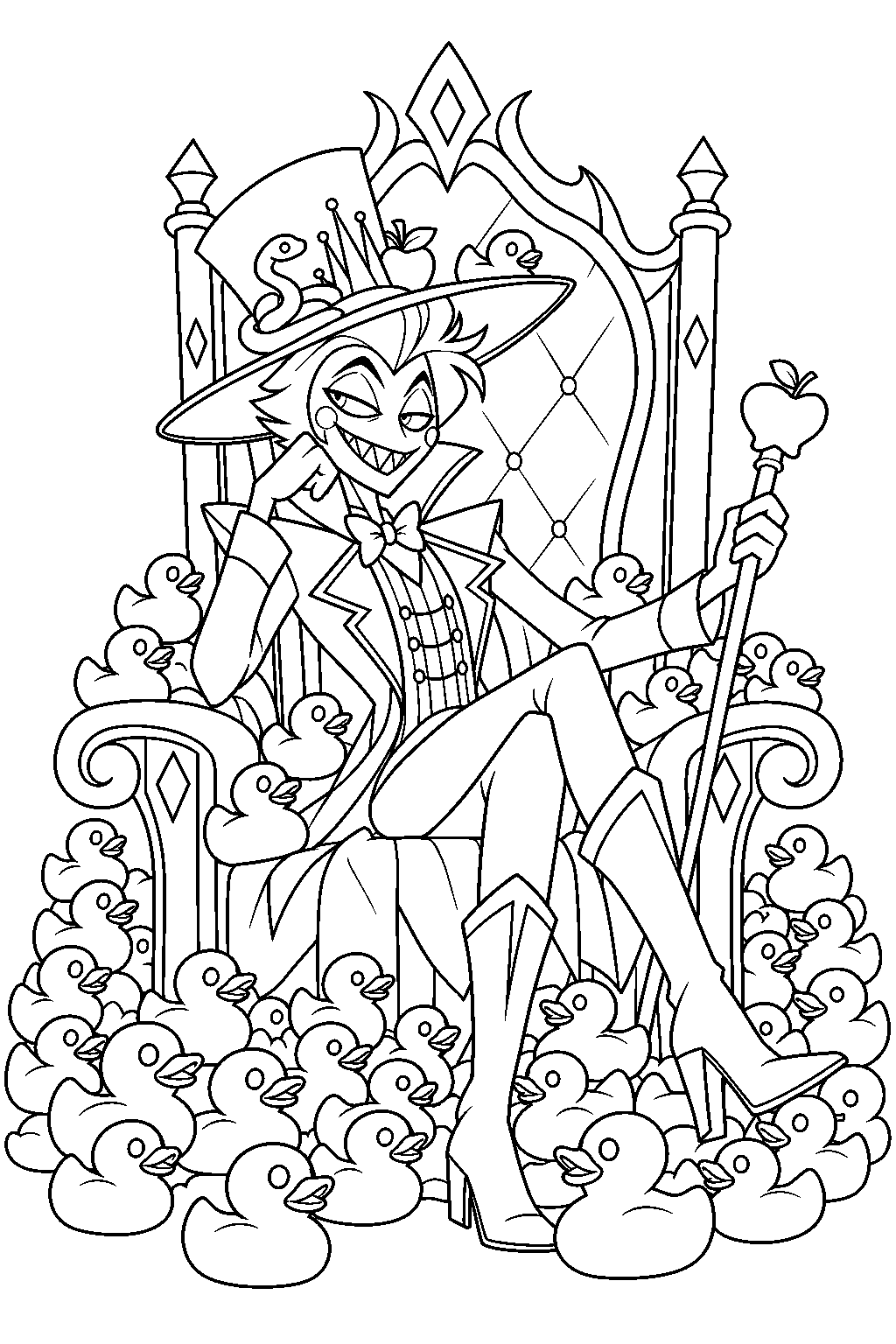 hazbin hotel lucifer morningstar sitting on his throne surrounded by rubber ducks line art