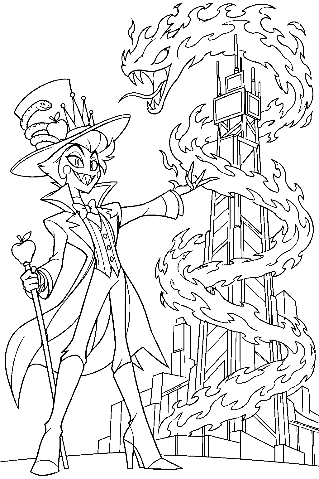hazbin hotel lucifer morningstar summoning a flaming serpent around vox s tower line art
