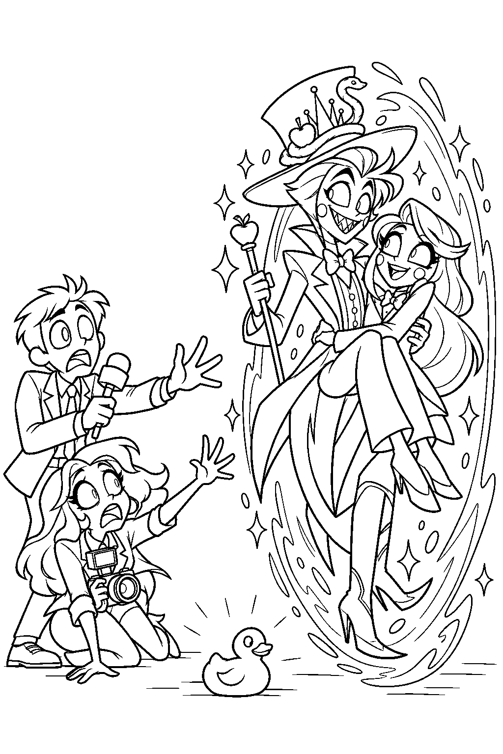 hazbin hotel lucifer morningstar teleporting charlie away from reporters and leaving a rubber duck behind line art