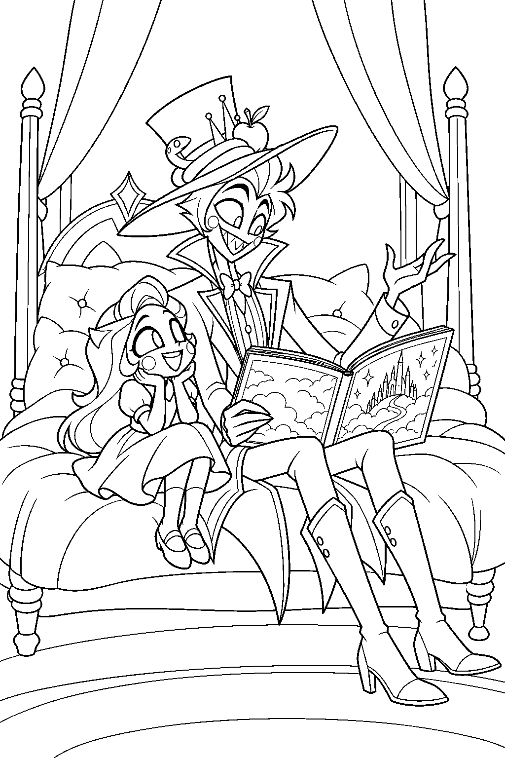 hazbin hotel lucifer morningstar telling young charlie a story in his room line art