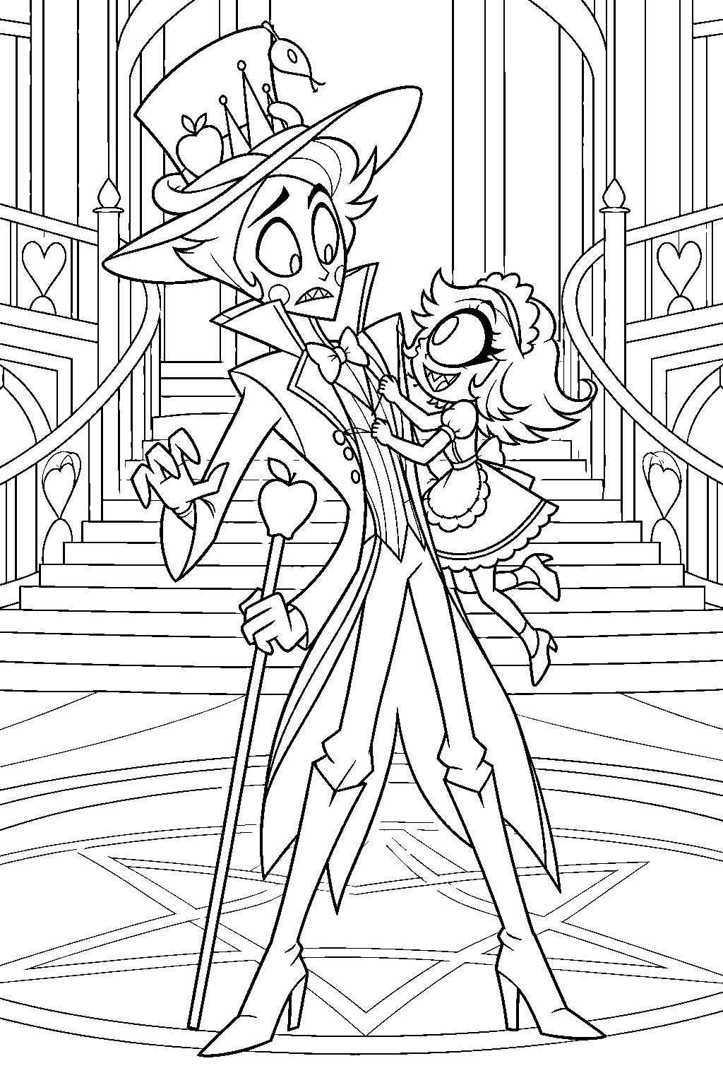 hazbin hotel lucifer morningstar with niffty climbing up his coat in the hotel lobby line art