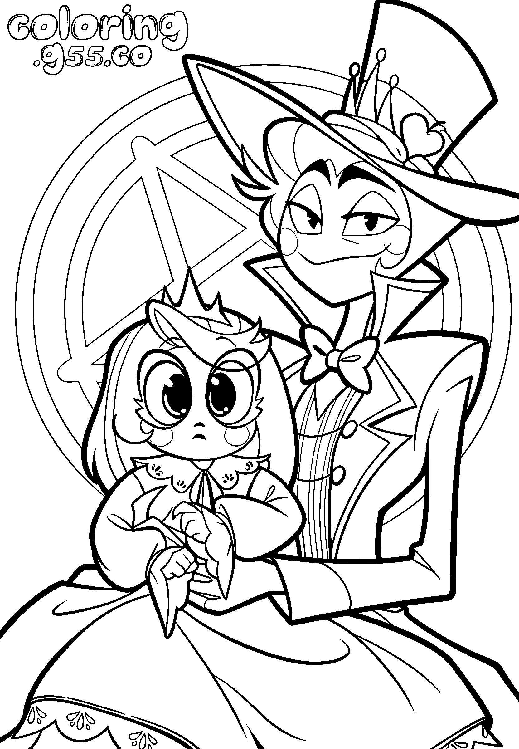 king lucifer with baby charlie and pentagram sigil hazbin hotel line art for kids