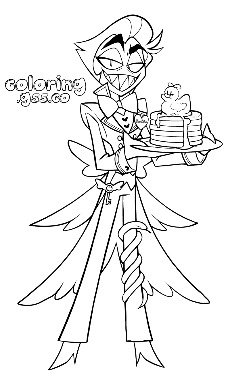 lucifer morningstar with pancake stack and rubber duck hazbin hotel line art for kids