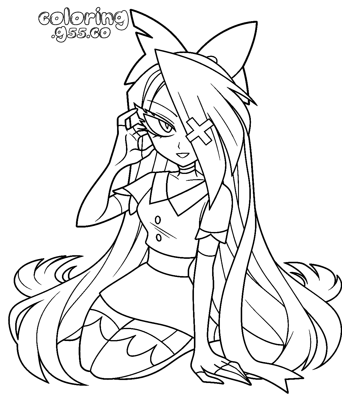 anime style sitting vaggie with hair bow hazbin hotel line art for kids