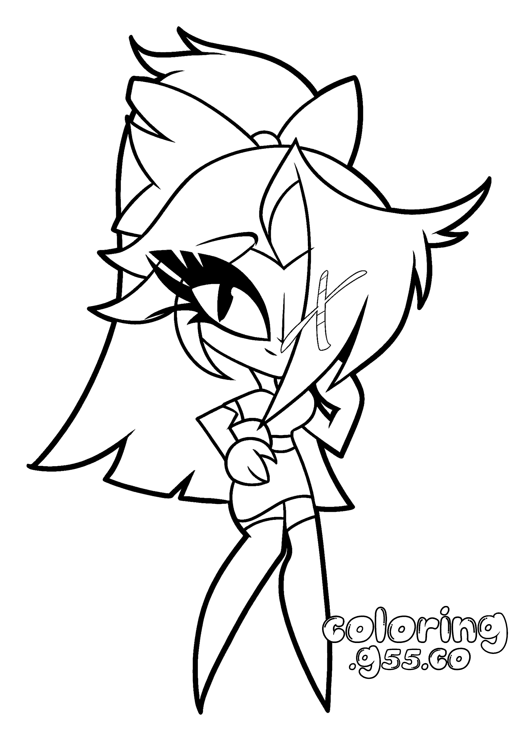 chibi vaggie with big hair bow hazbin hotel line art for kids