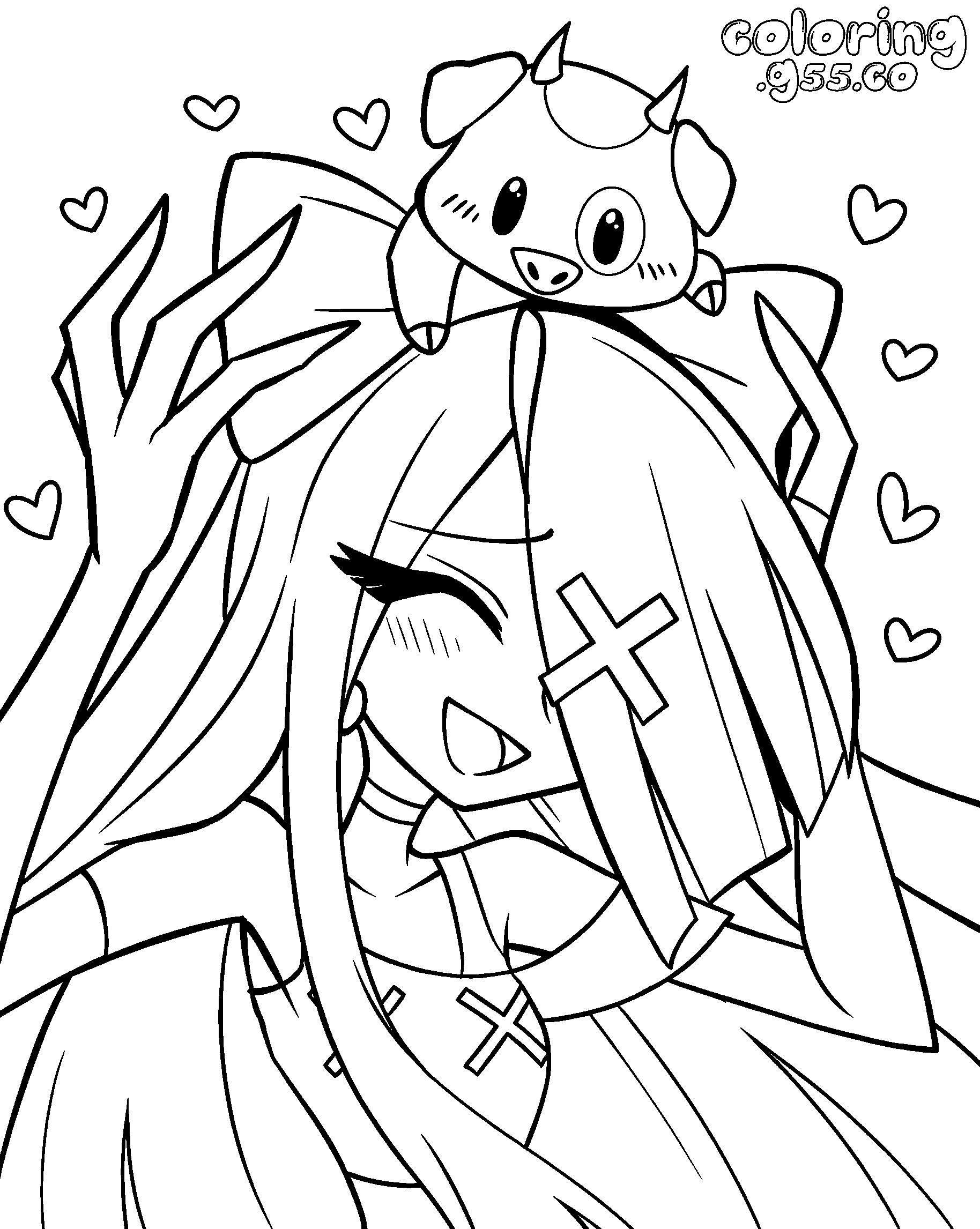 cute vaggie with fat nuggets pig on head hazbin hotel line art for kids