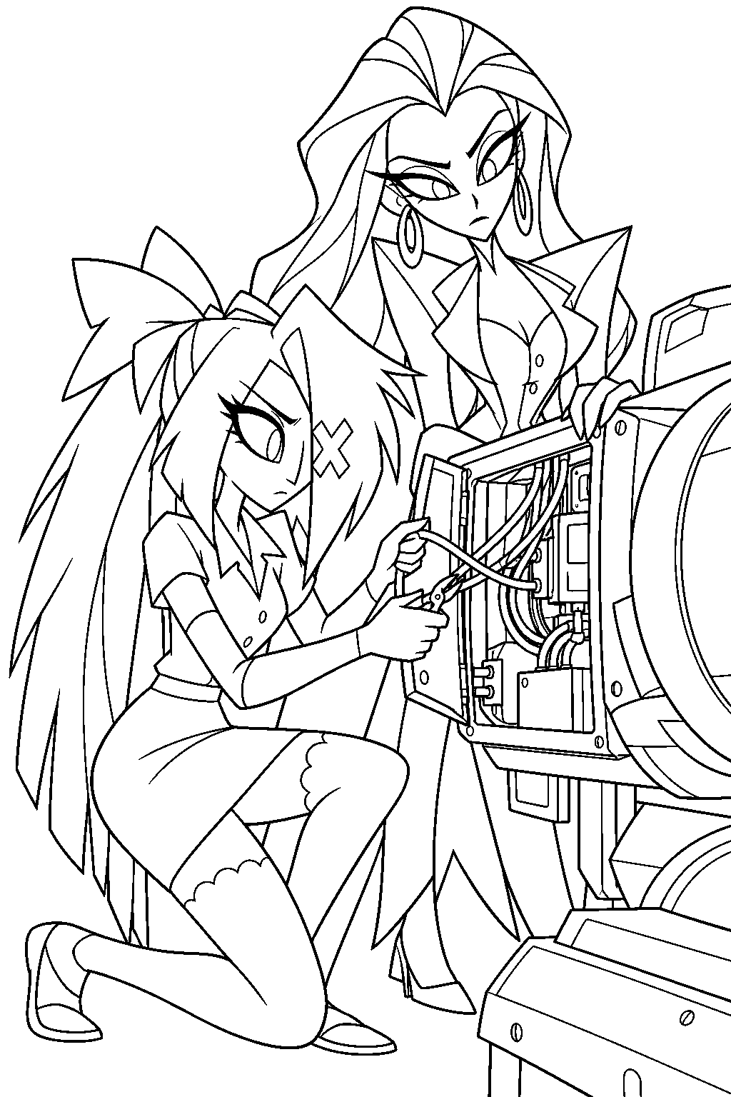 hazbin hotel vaggie and carmilla carmine disconnecting the wires inside vox s weapon line art