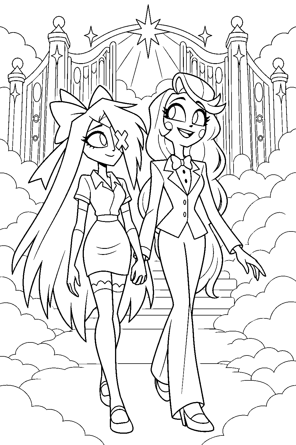 hazbin hotel vaggie and charlie morningstar arriving at the gates of heaven line art