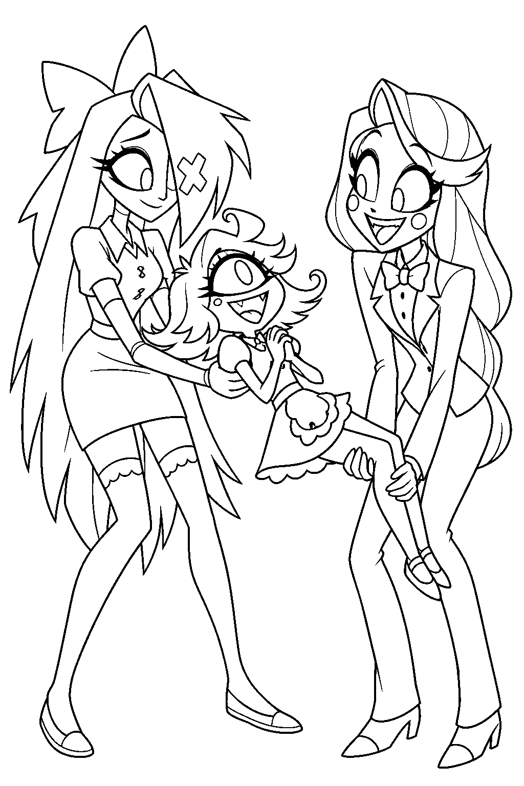 hazbin hotel vaggie and charlie morningstar catching niffty during a hotel trust fall line art