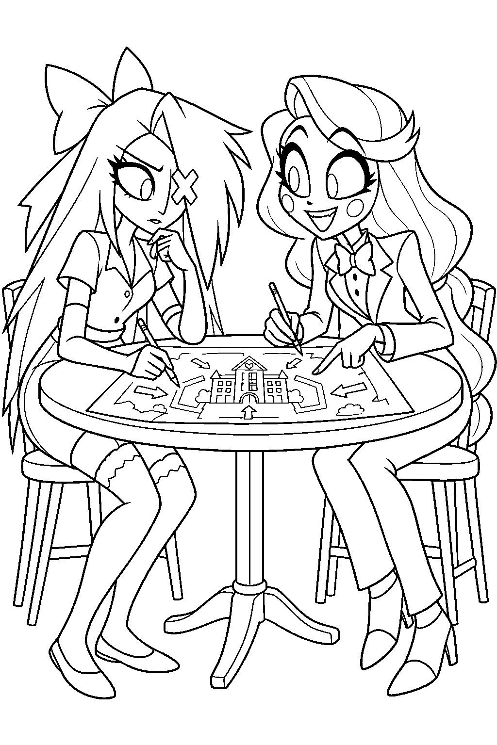 hazbin hotel vaggie and charlie morningstar drawing a plan to defend the hotel line art
