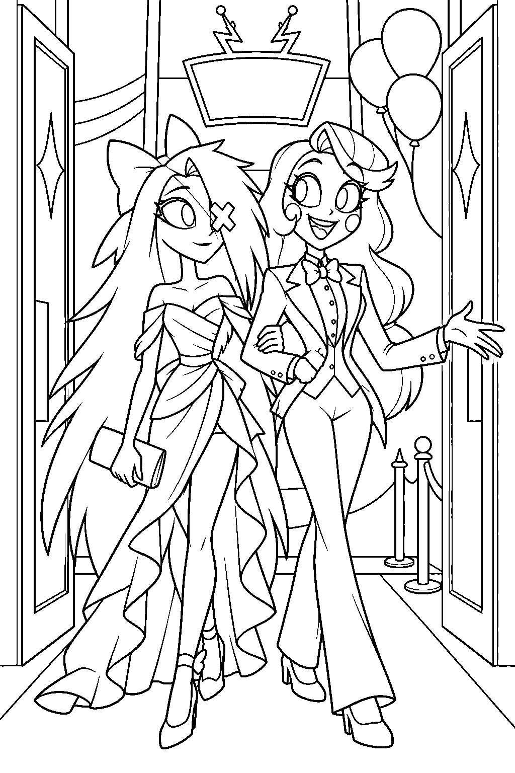 hazbin hotel vaggie and charlie morningstar entering vox s party as guests line art