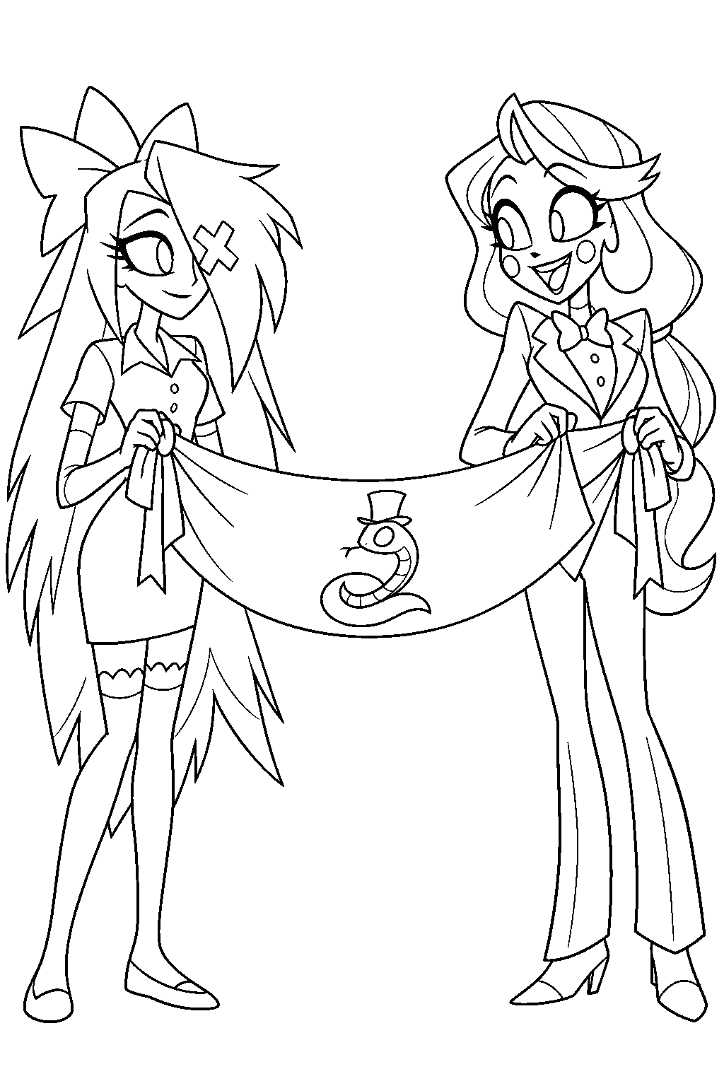 hazbin hotel vaggie and charlie morningstar hanging a welcome banner for sir pentious line art
