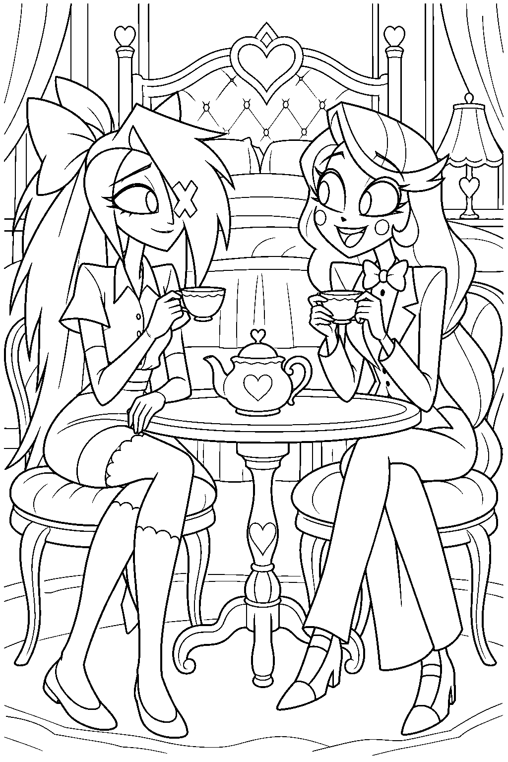 hazbin hotel vaggie and charlie morningstar sharing tea in their hotel bedroom line art