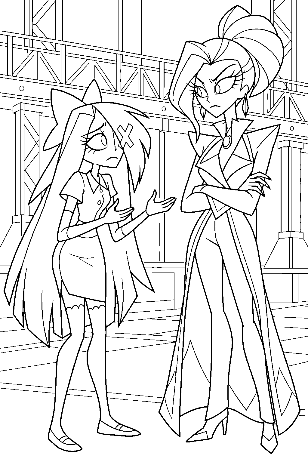 hazbin hotel vaggie asking carmilla carmine for help at carmine industries line art