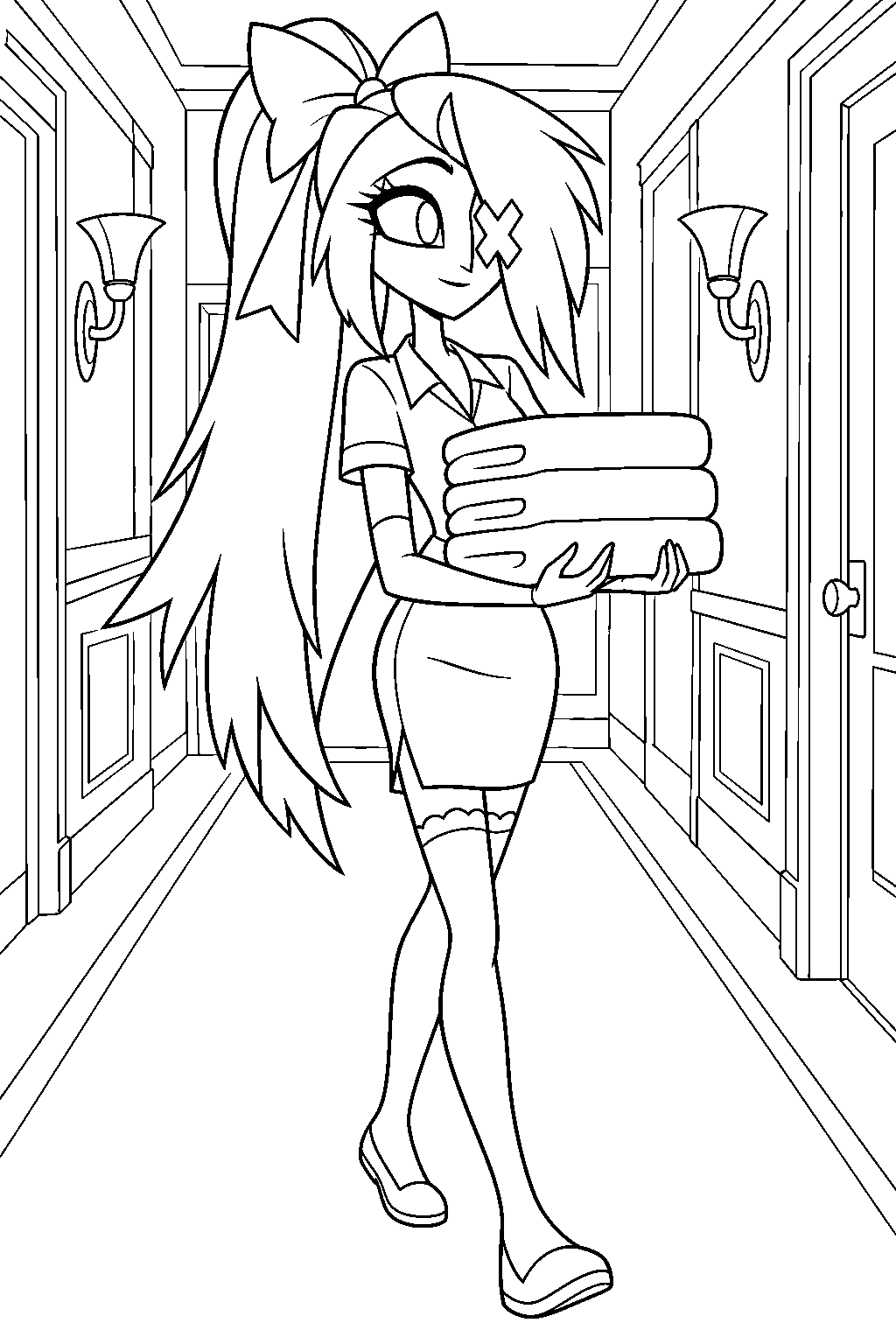 hazbin hotel vaggie carrying fresh towels through a hotel corridor line art