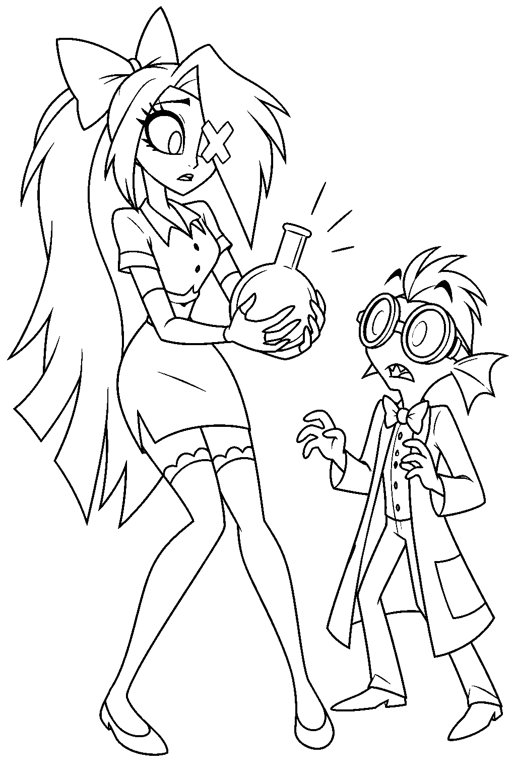 hazbin hotel vaggie catching baxter s falling laboratory flask line art