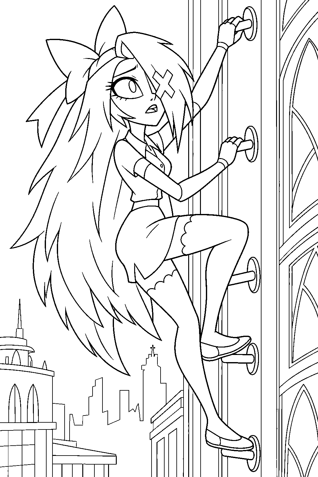 hazbin hotel vaggie climbing the hotel exterior during whatever it takes line art
