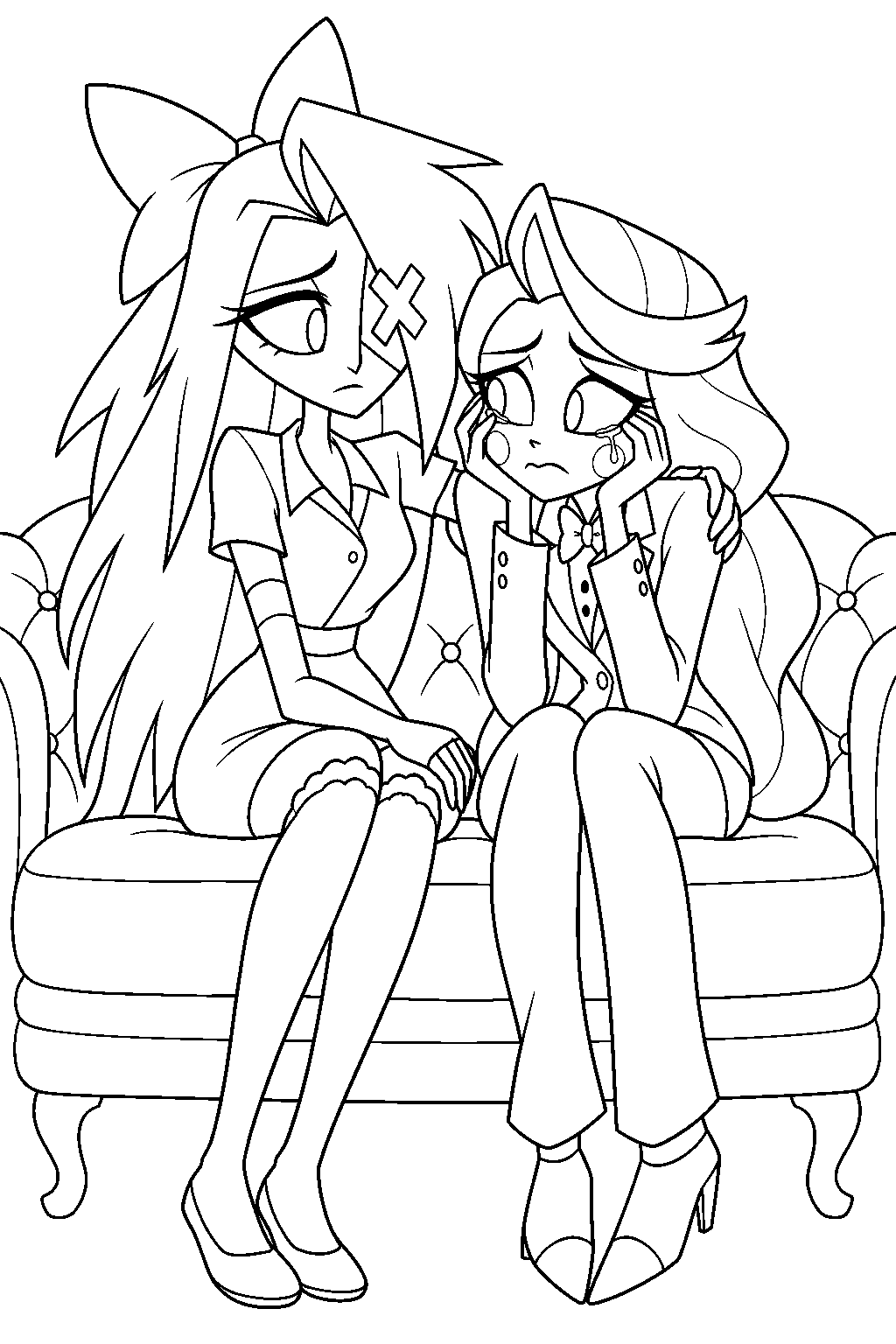 hazbin hotel vaggie comforting charlie morningstar on the hotel sofa line art