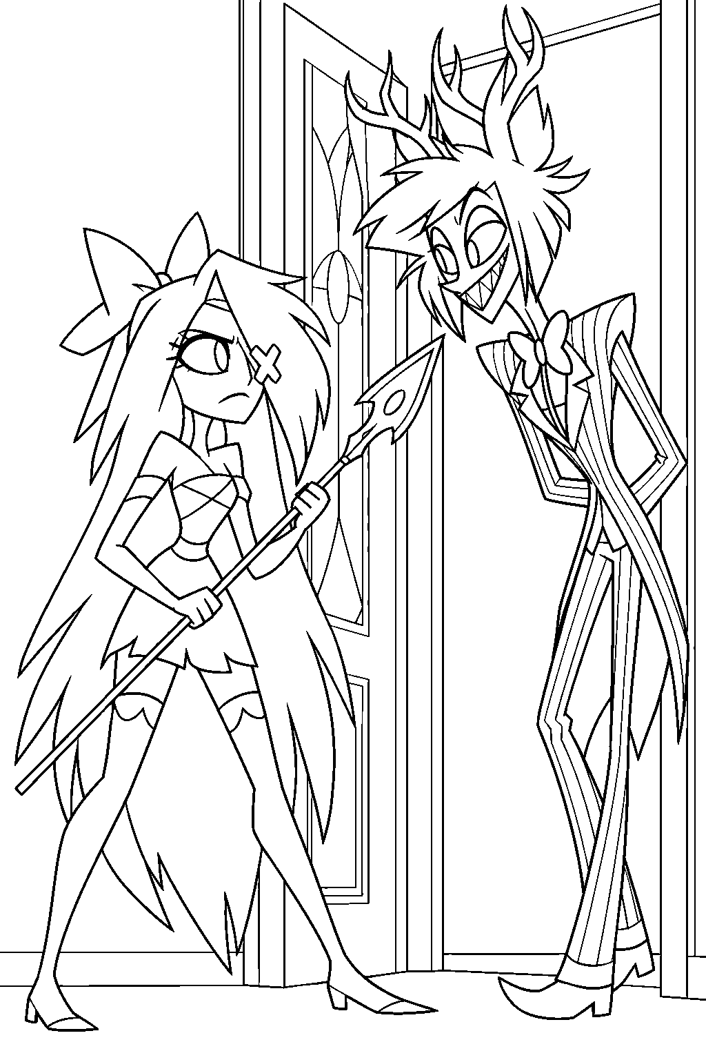 hazbin hotel vaggie confronting alastor with her spear at the hotel door line art