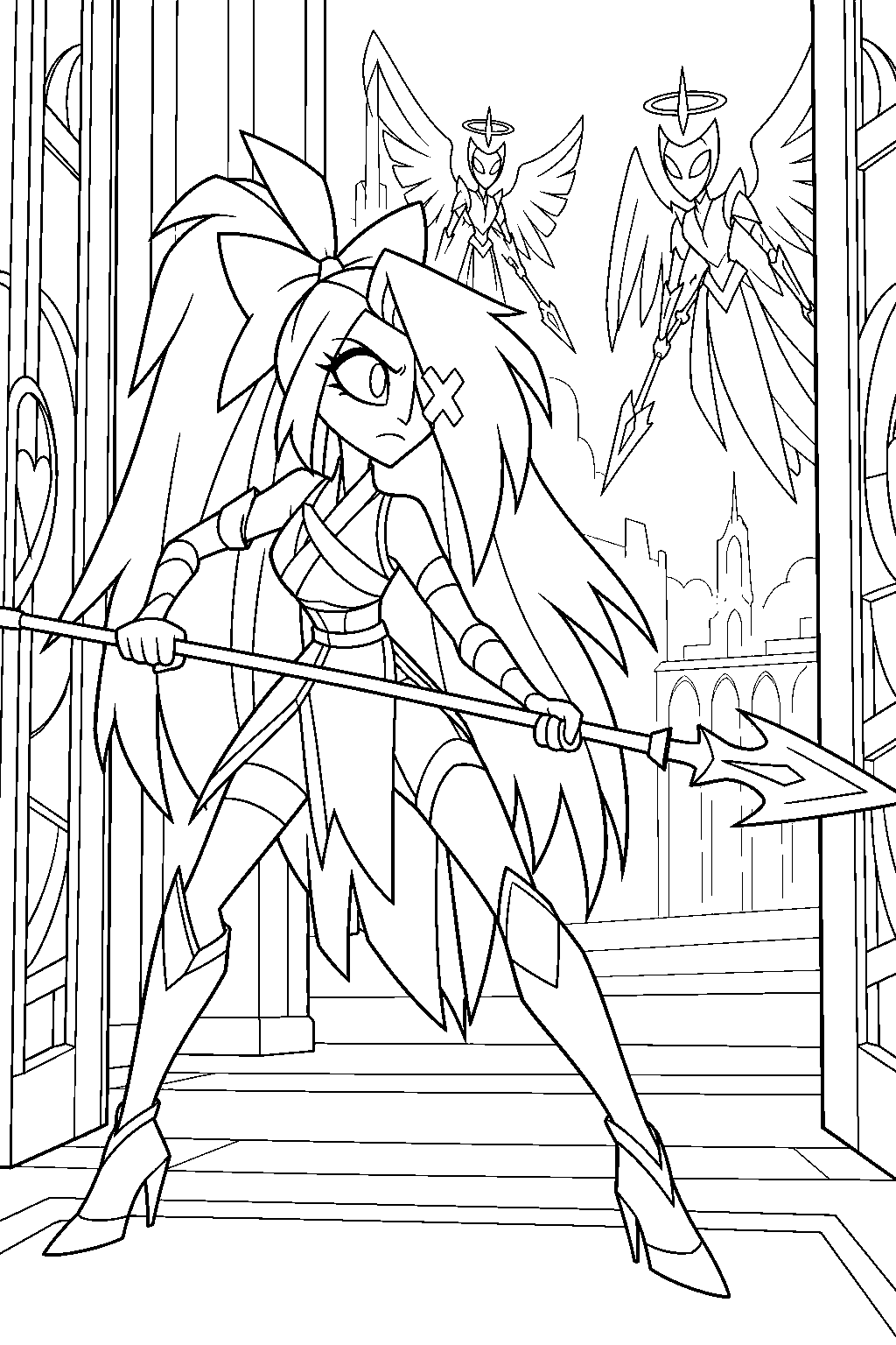 hazbin hotel vaggie defending the hotel entrance with her spear against the exorcists line art