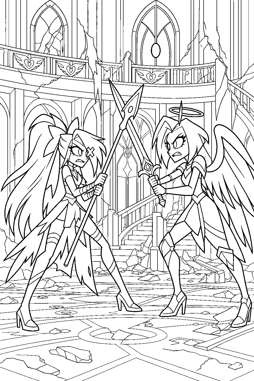 hazbin hotel vaggie dueling lute with her spear in the damaged hotel lobby line art