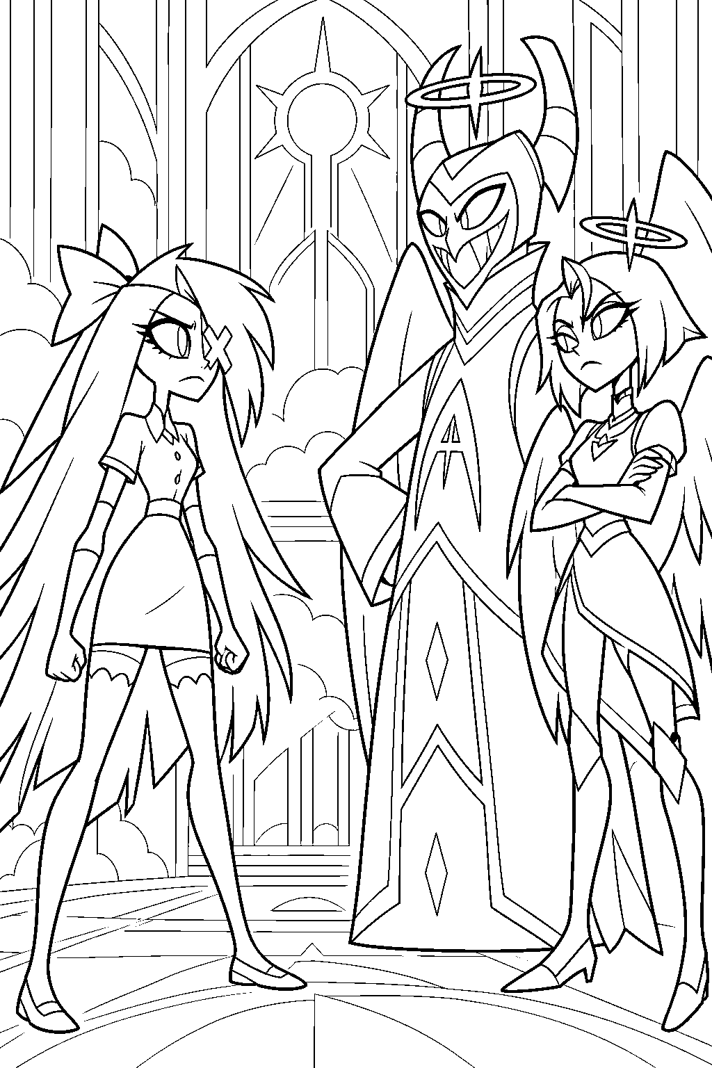 hazbin hotel vaggie facing adam and lute outside heaven s courtroom line art