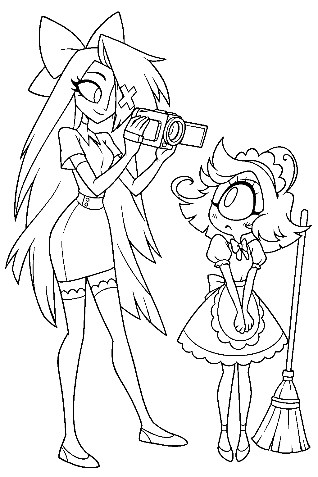 hazbin hotel vaggie filming a camera shy niffty for the hotel commercial line art