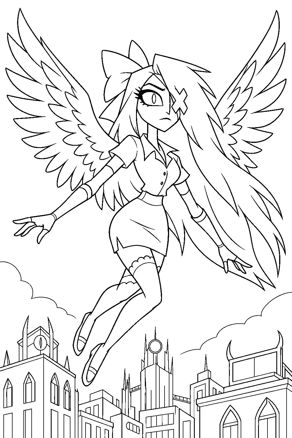 hazbin hotel vaggie flying above pentagram city with her restored angel wings line art