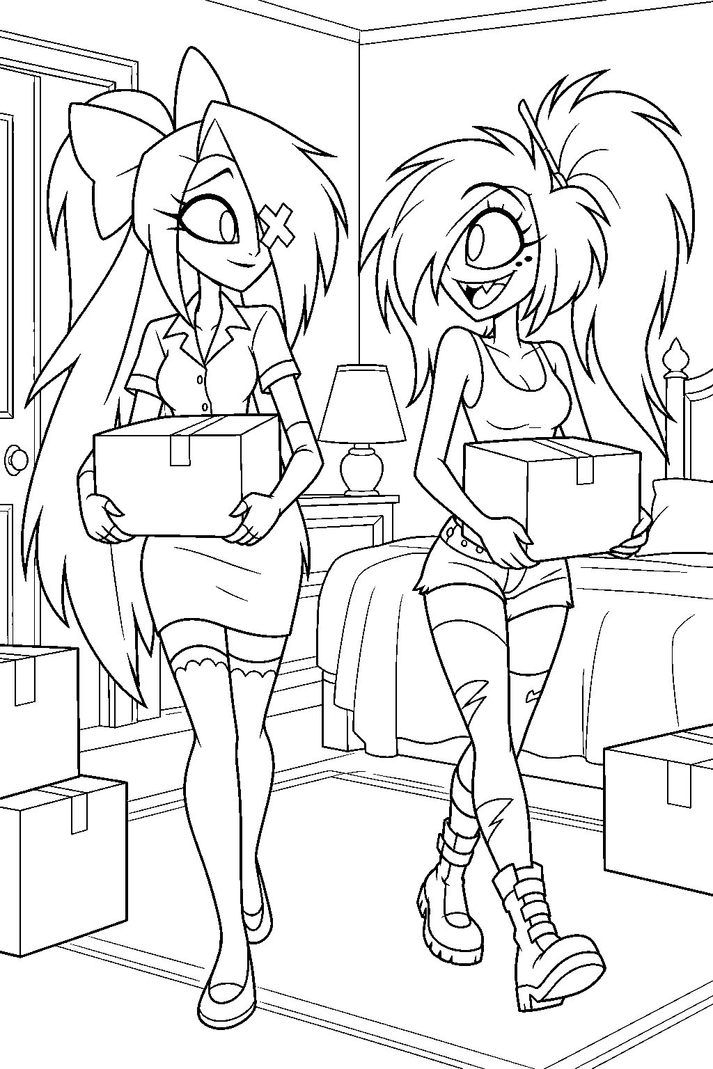 hazbin hotel vaggie helping cherri bomb move boxes into her hotel room line art