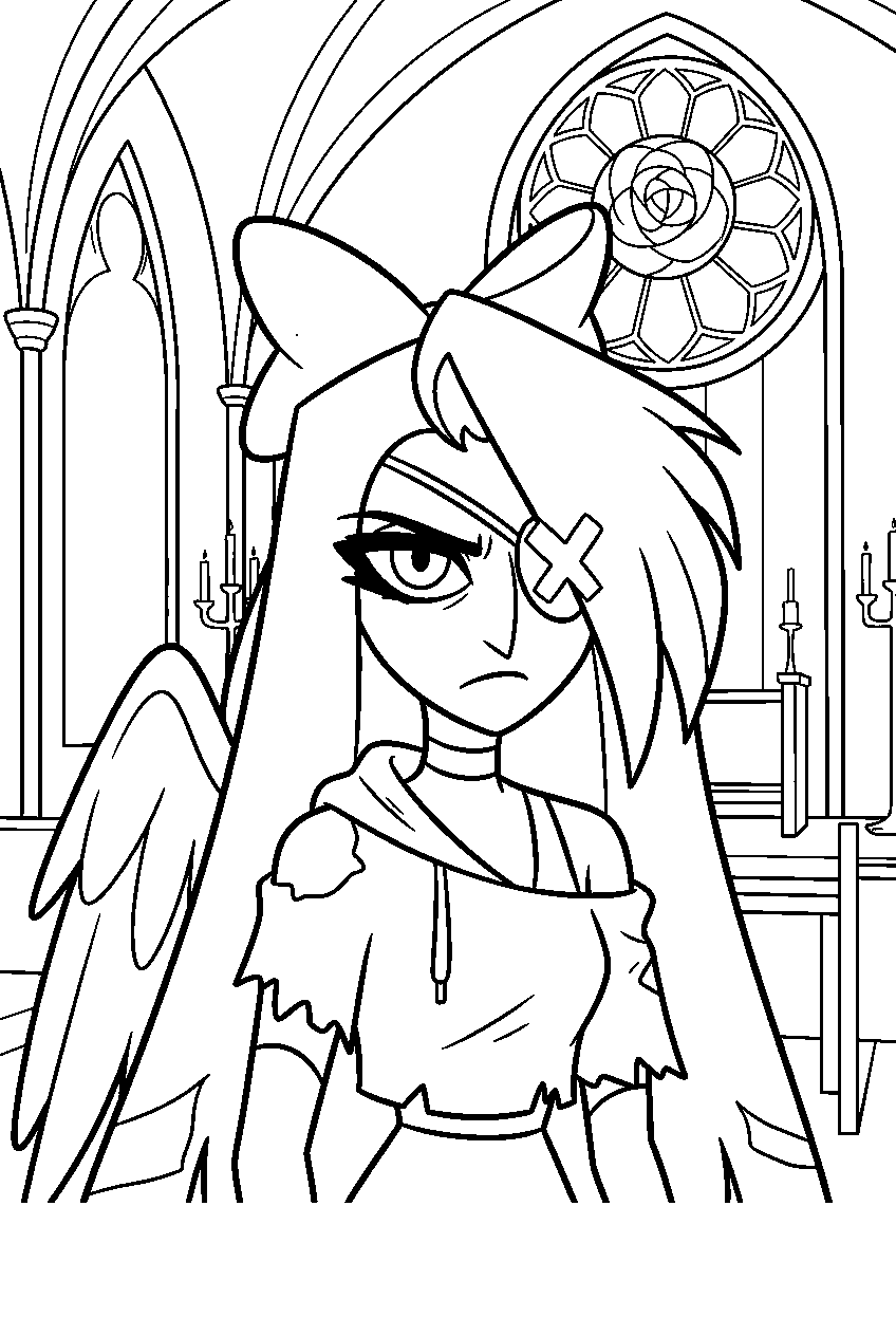hazbin hotel vaggie in gothic cathedral line art
