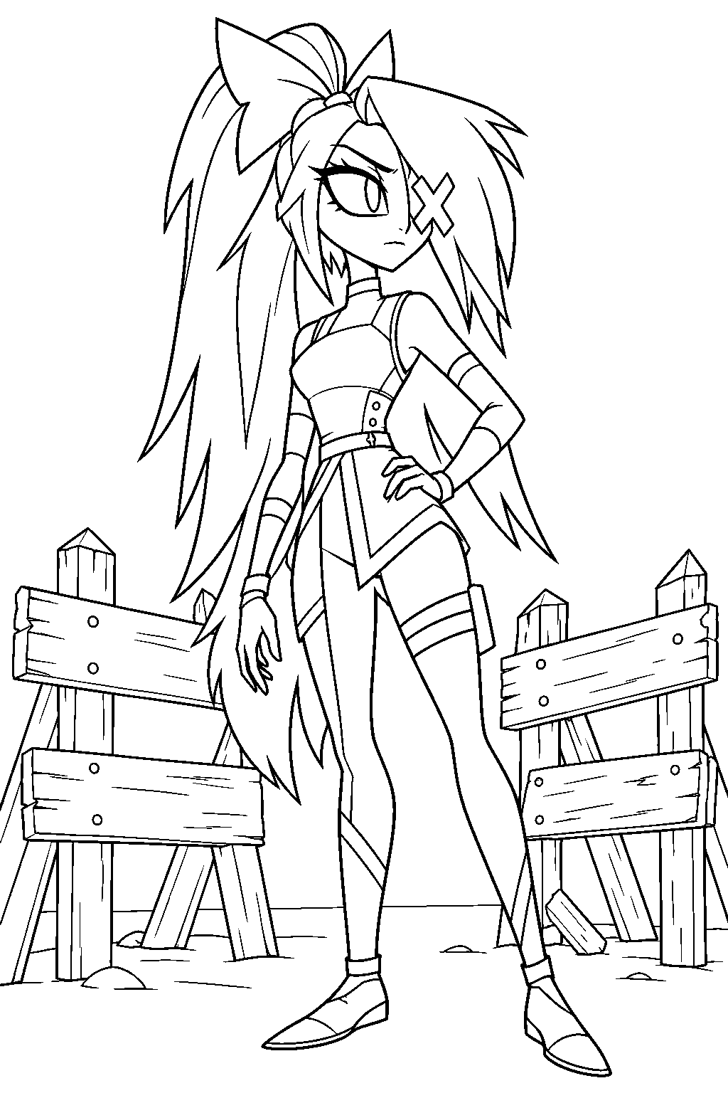 hazbin hotel vaggie in her battle outfit and ponytail beside the hotel barricades line art