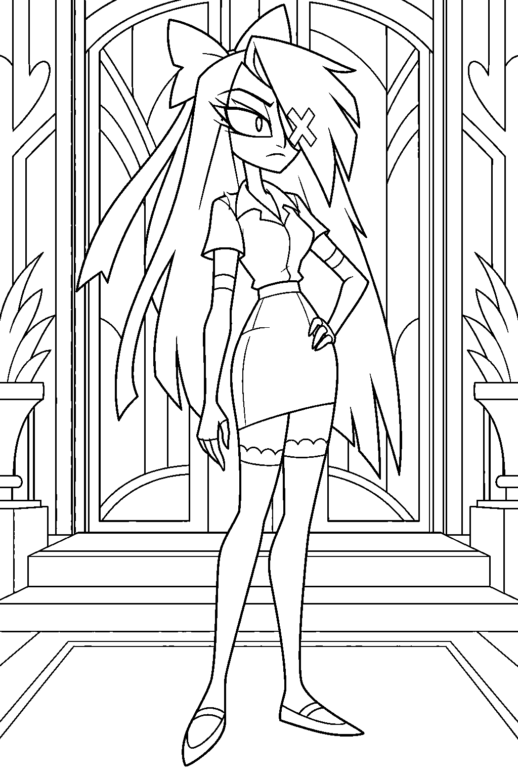 hazbin hotel vaggie in her blouse and skirt at the hotel entrance line art