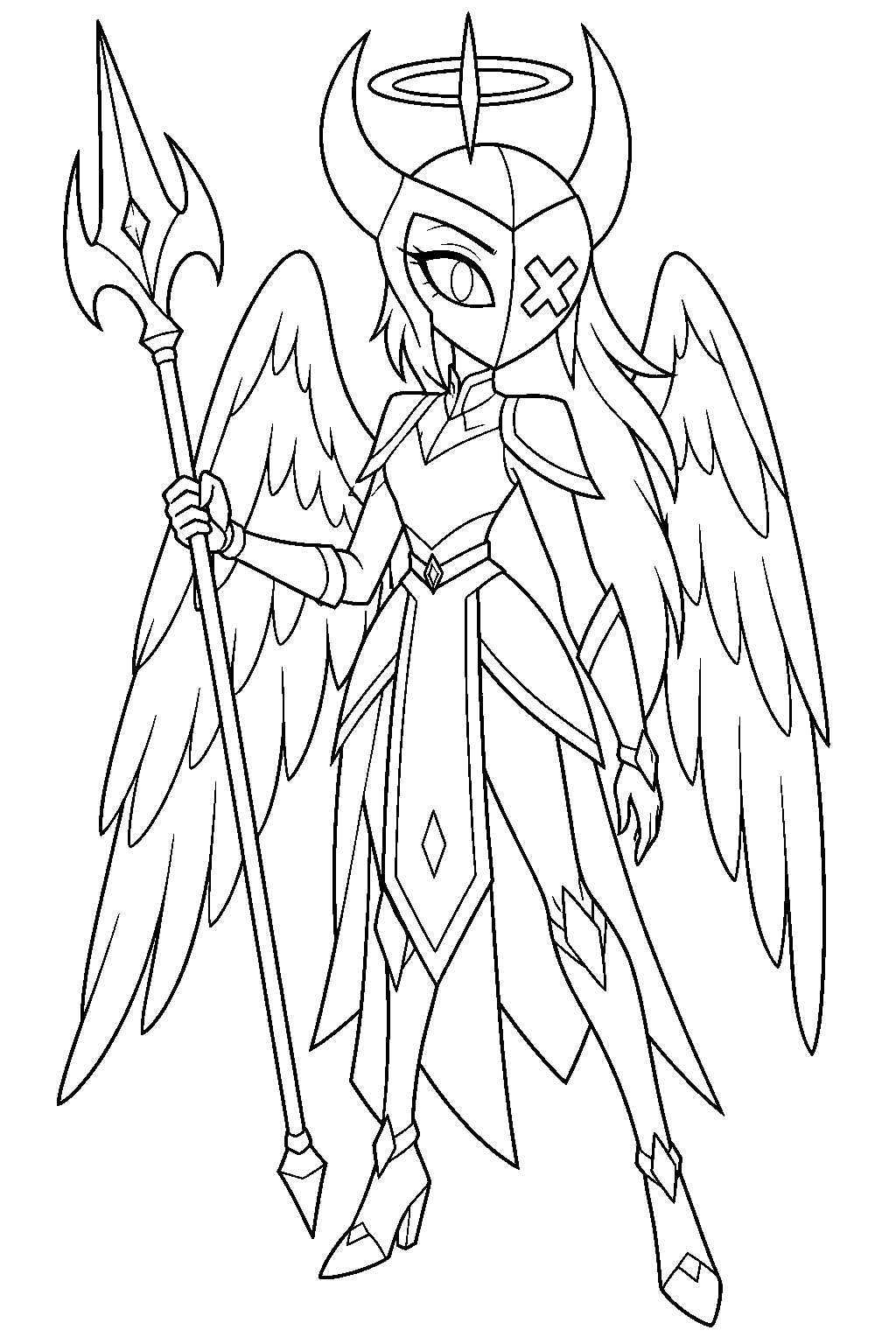 hazbin hotel vaggie in her exorcist uniform with a horned mask halo and feathered wings line art