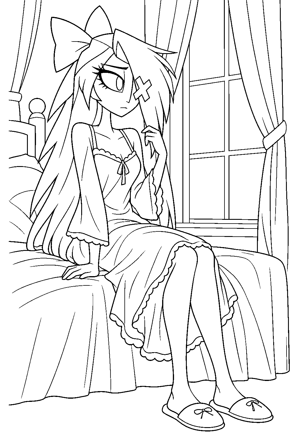hazbin hotel vaggie in her nightgown beside the hotel bedroom window line art