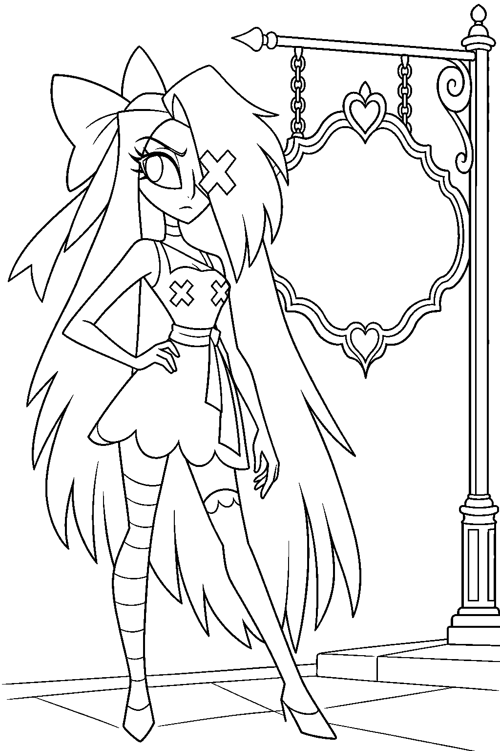 hazbin hotel vaggie in her pilot dress beside the original happy hotel sign line art