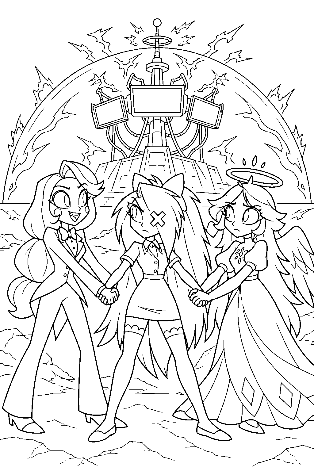 hazbin hotel vaggie joining charlie morningstar and emily to stop vox s overloaded weapon line art