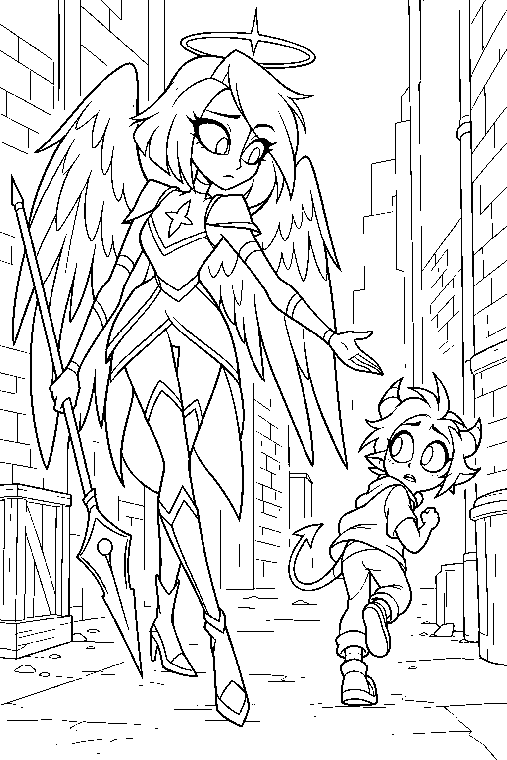 hazbin hotel vaggie letting a small demon escape an alley during her exorcist days line art