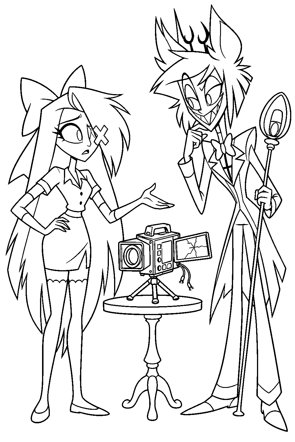 hazbin hotel vaggie negotiating with alastor beside a malfunctioning video camera line art
